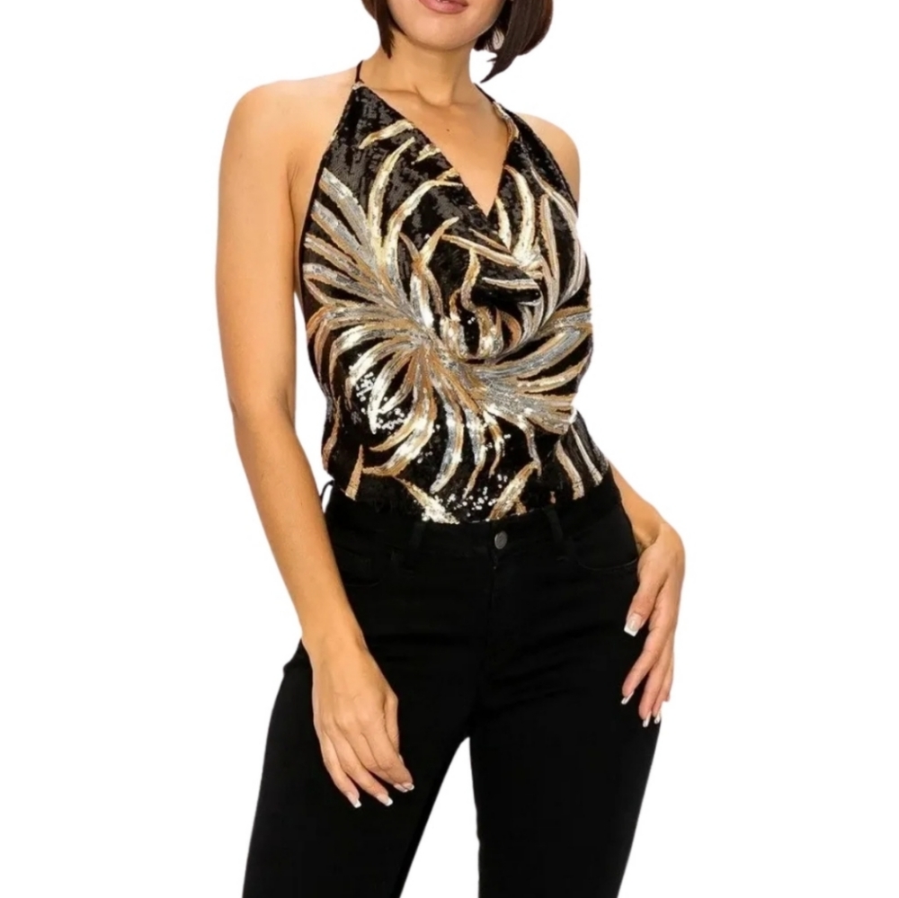 Sparkling Leaf Sequined Sleeves Halter Top